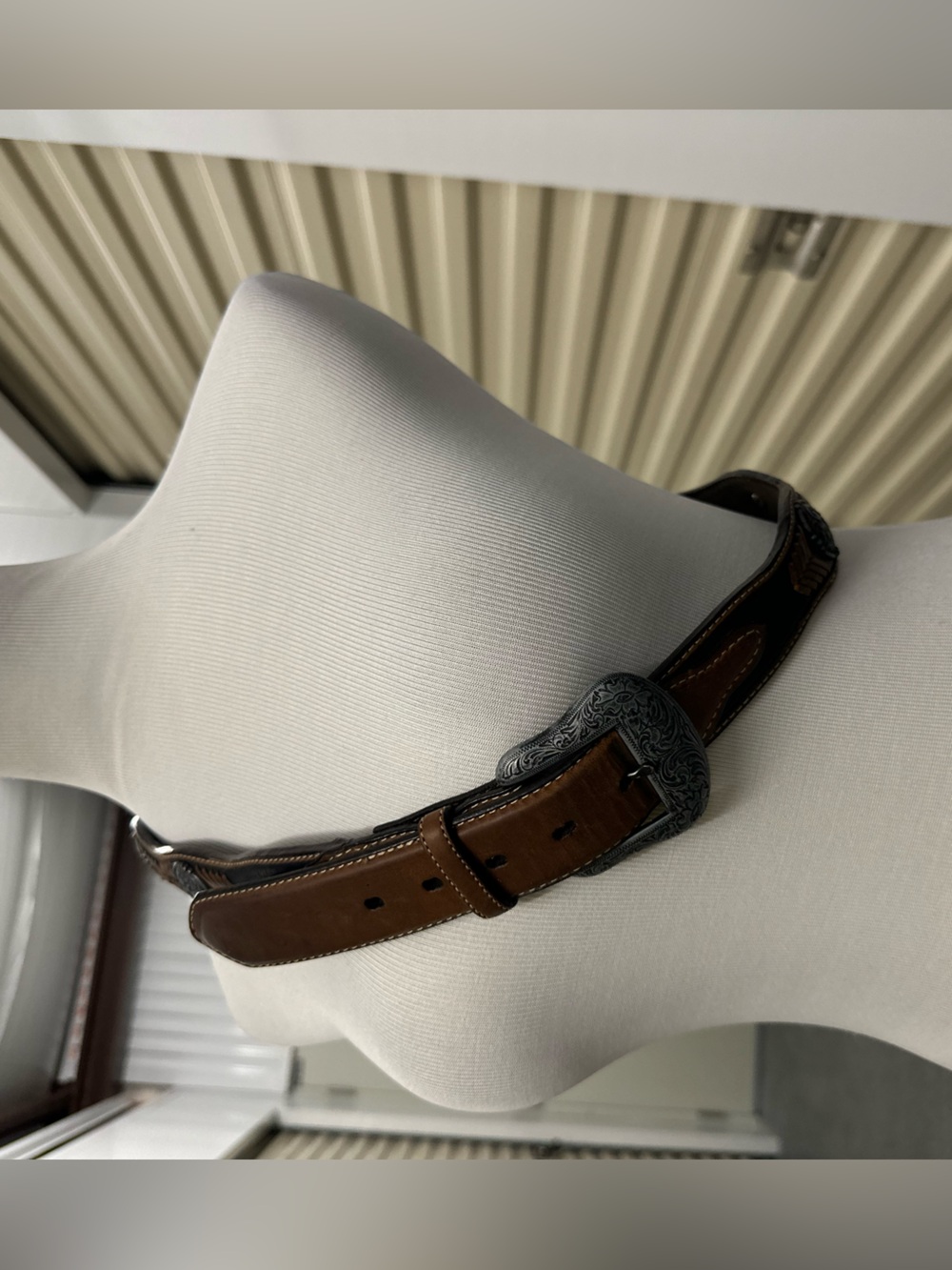 Men's Brown Leather Belt with Decorative Silver Buckle